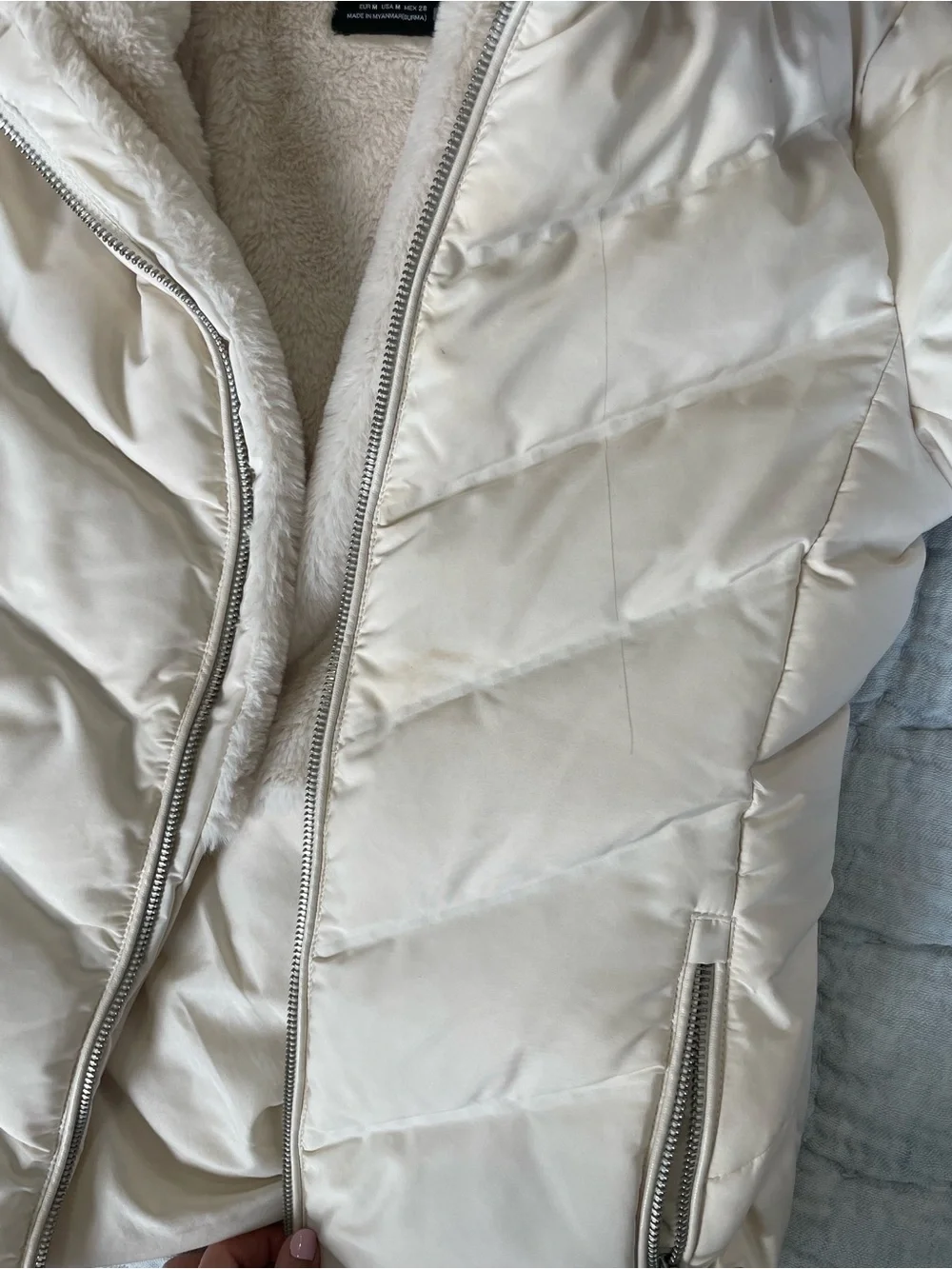 Zara Cream Quilted Hooded Puffer with Faux-Fur Trim